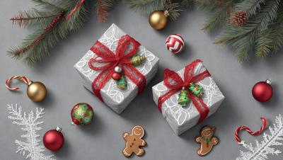 The primary subject of the image is a pair of Christmas presents, each wrapped in a bow and adorned with a candy cane ornament. The setting is a table with a Christmas tree in the background. The visual style is a combination of photo and digital art, creating a festive and holiday atmosphere. The colors are predominantly red and green, representing the traditional Christmas colors.